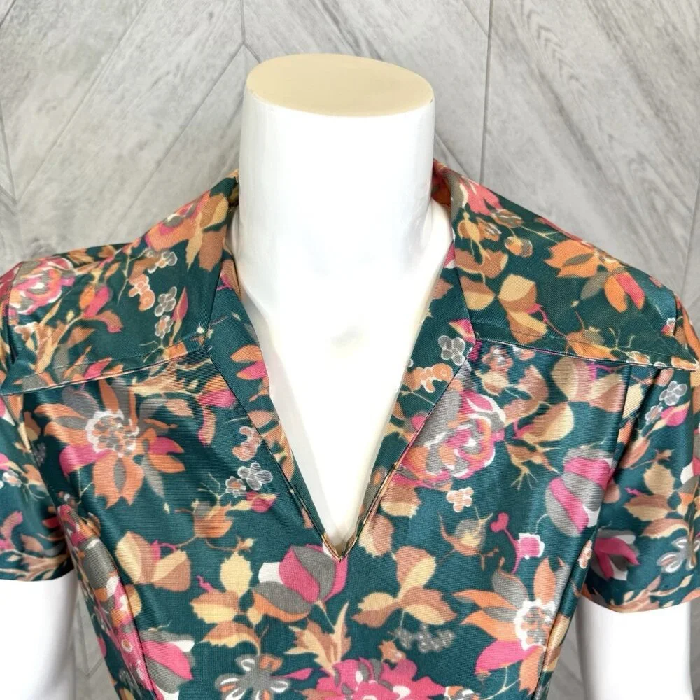 Vintage 70s Dress Womens S/M Floral Mini Short Sleeve V-Neck Collar Retro - Picture 2 of 5
